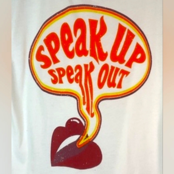 ATTIC SALT Women's White/Red Ringer Graphic Tee "SPEAK UP SPEAK OUT", sz MD - Picture 6 of 7